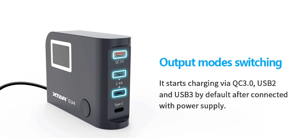 Xtar EU4 64W 4-Port LCD USB-C lader med QC3
