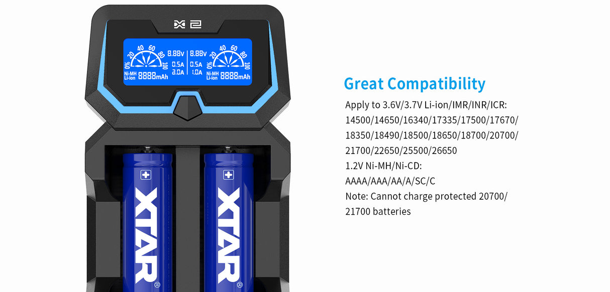 Xtar X2 - Hurtiglader for Li-Ion batterier.