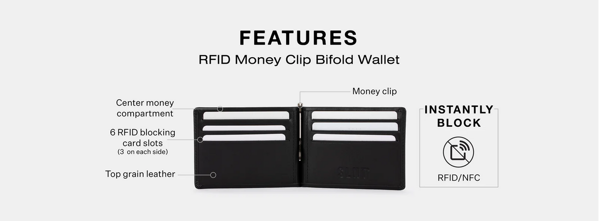 SLNT® - RFID-Lommebok i sort skinn, med seddelklips