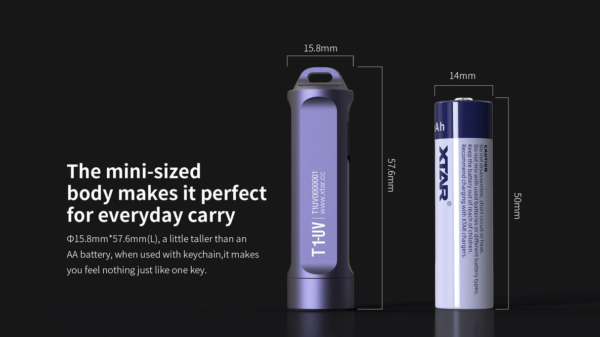 Xtar T1-UV - Nøkkelringlykt med kraftig hvitt lys og 365nm UV-lys