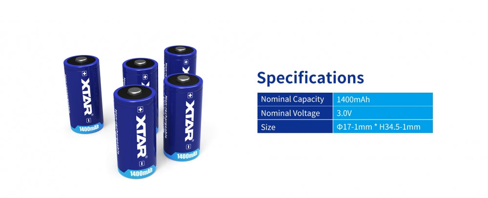 Xtar CR123A tørrbatteri 3.0V, 1400 mAh, 2 stk
